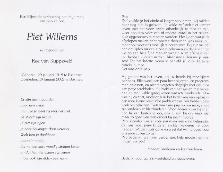 Bidprentje Petrus CornelisWillems