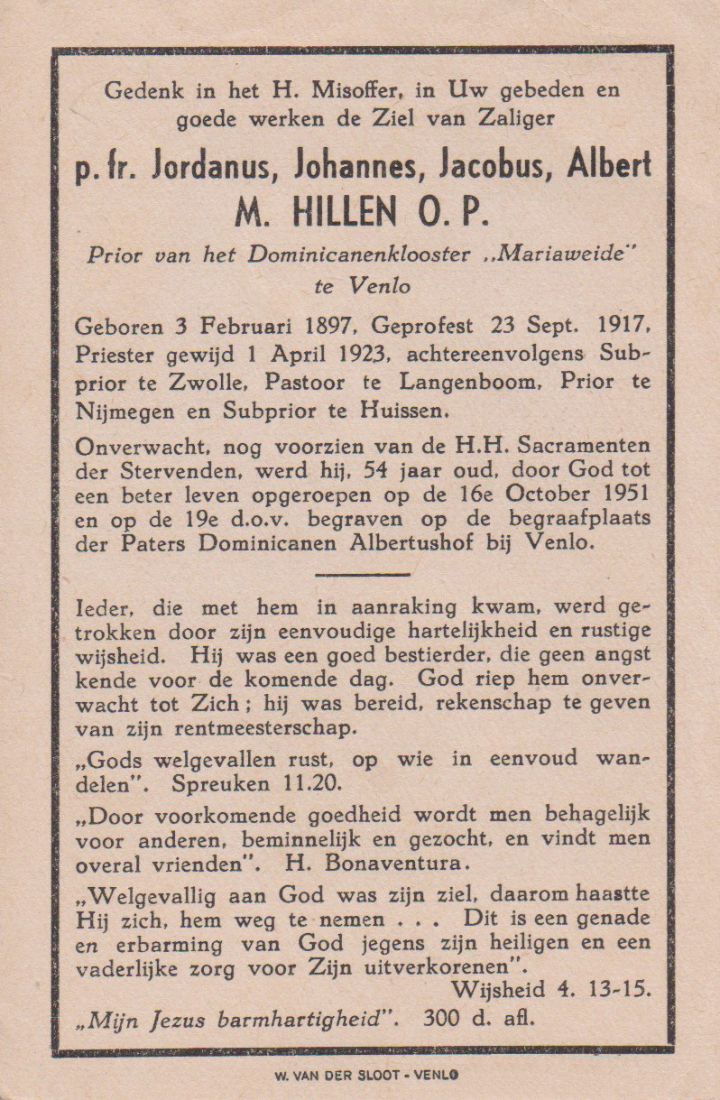 Bidprentje Jordanus, Johannes J.A.M.Hillen