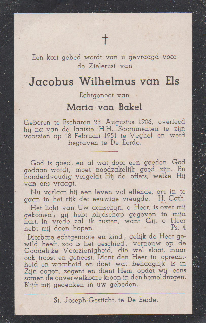 Bidprentje Jacobus WilhelmusEls