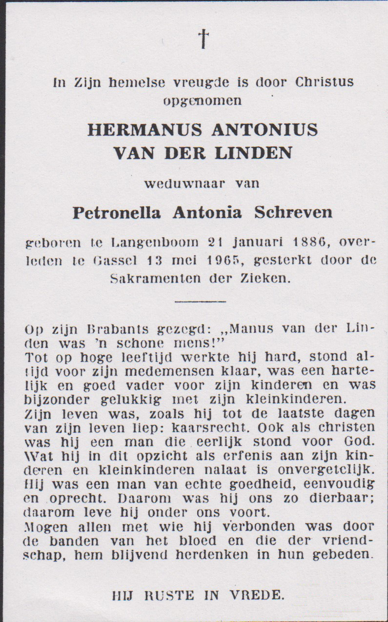 Bidprentje Hermanus AntoniusLinden