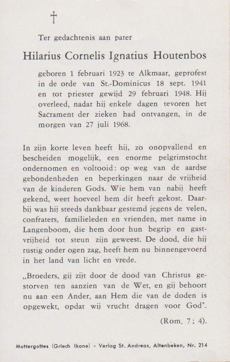 Bidprentje Hilarius Cornelis IgnatiusHoutenbos