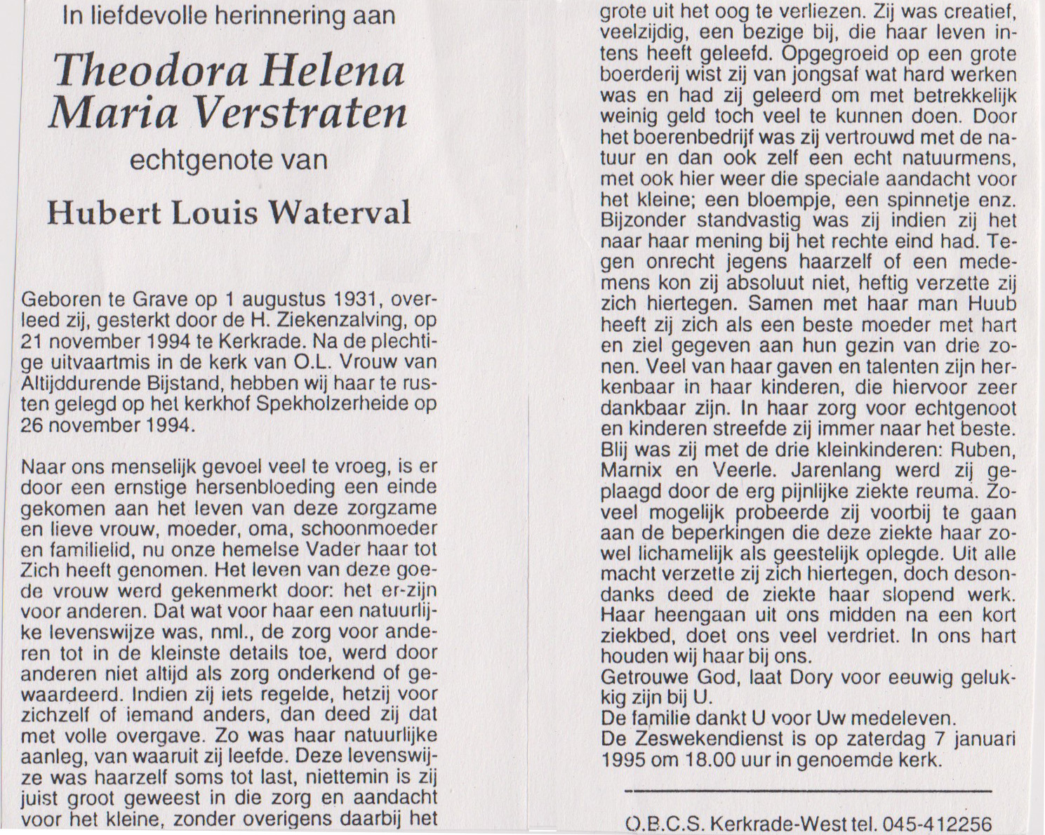 Bidprentje Theodora Helena M.Verstraten