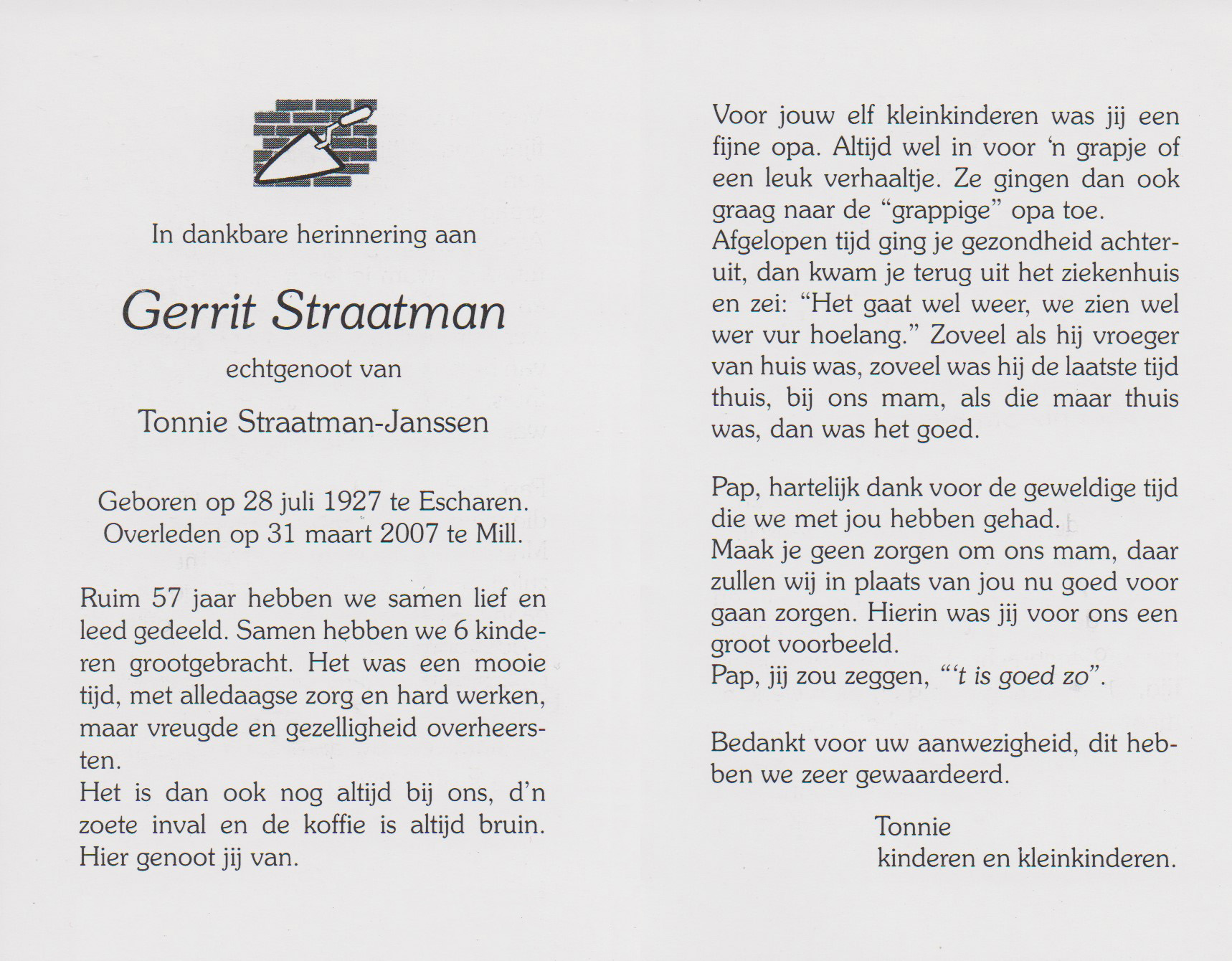 Bidprentje Gerardus PetrusStraatman
