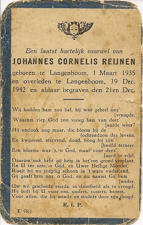 Bidprentje Johannes CornelisReijnen