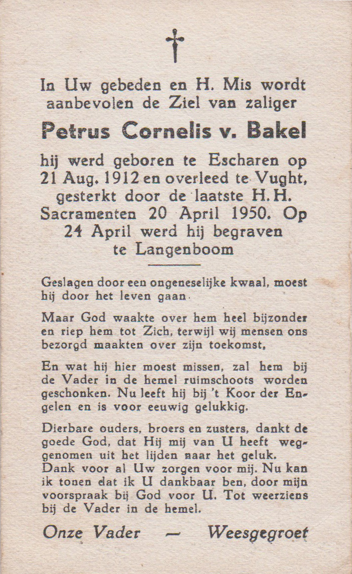 Bidprentje Petrus CornelisBakel