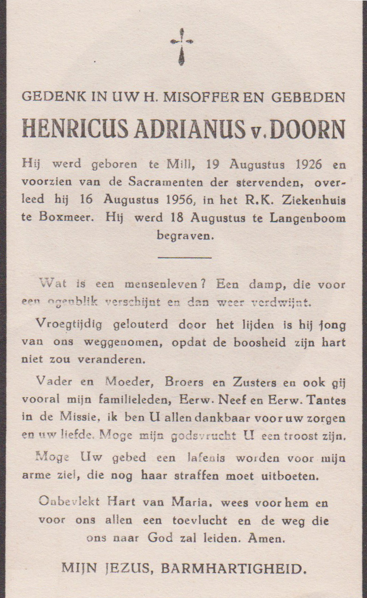 Bidprentje Henricus AdrianusDoorn