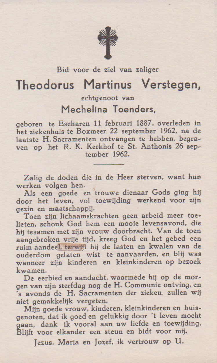 Bidprentje Theodorus MartinusVerstegen
