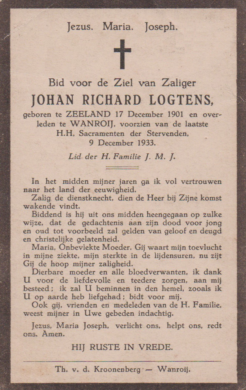 Bidprentje Johan RichardLogtens