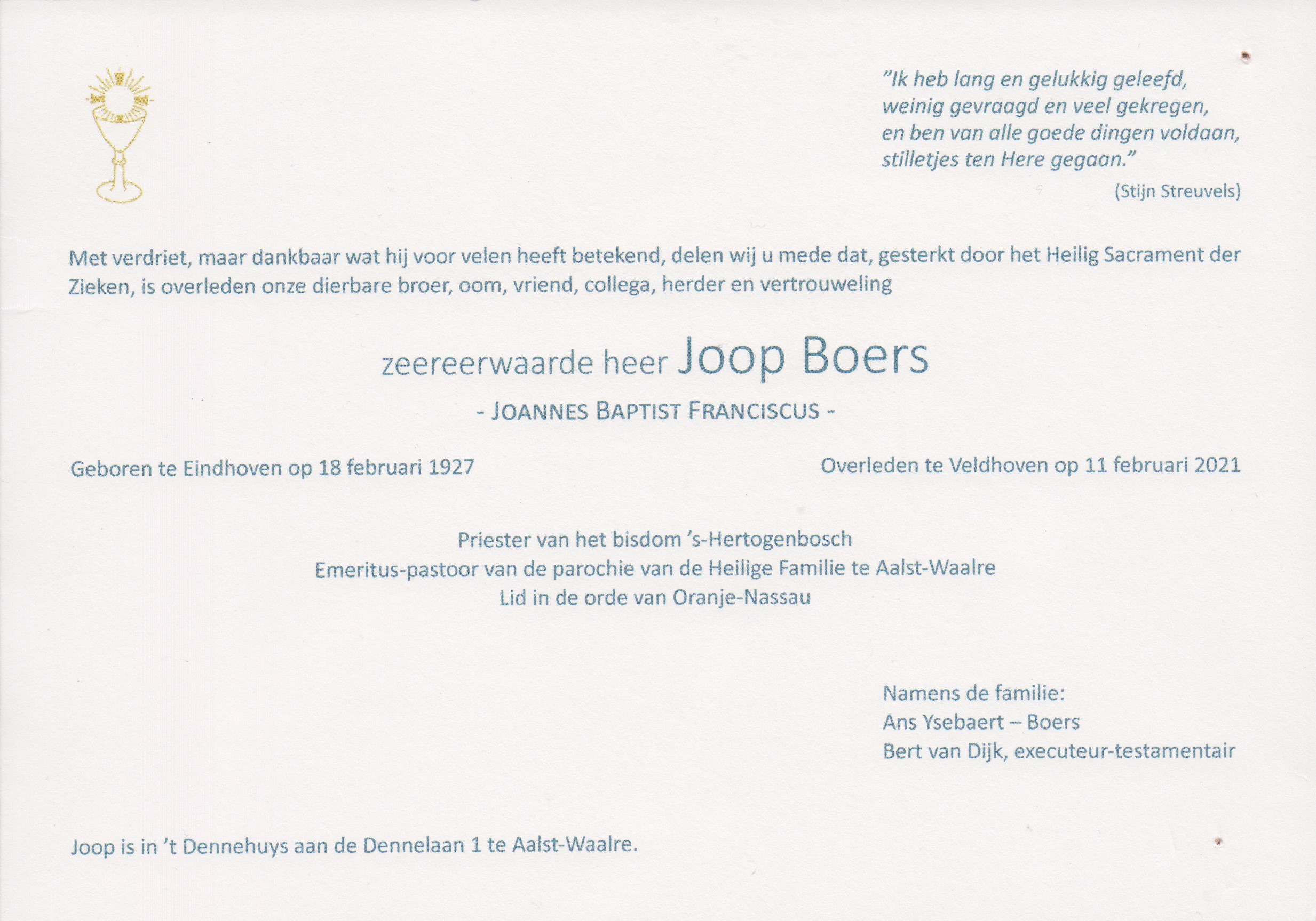 Bidprentje Joannes Baptist FranciscusBoers