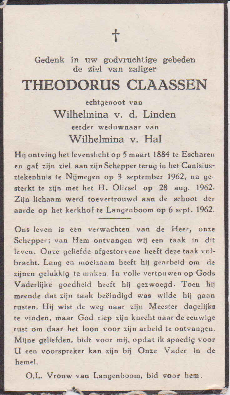 Bidprentje TheodorusClaassen