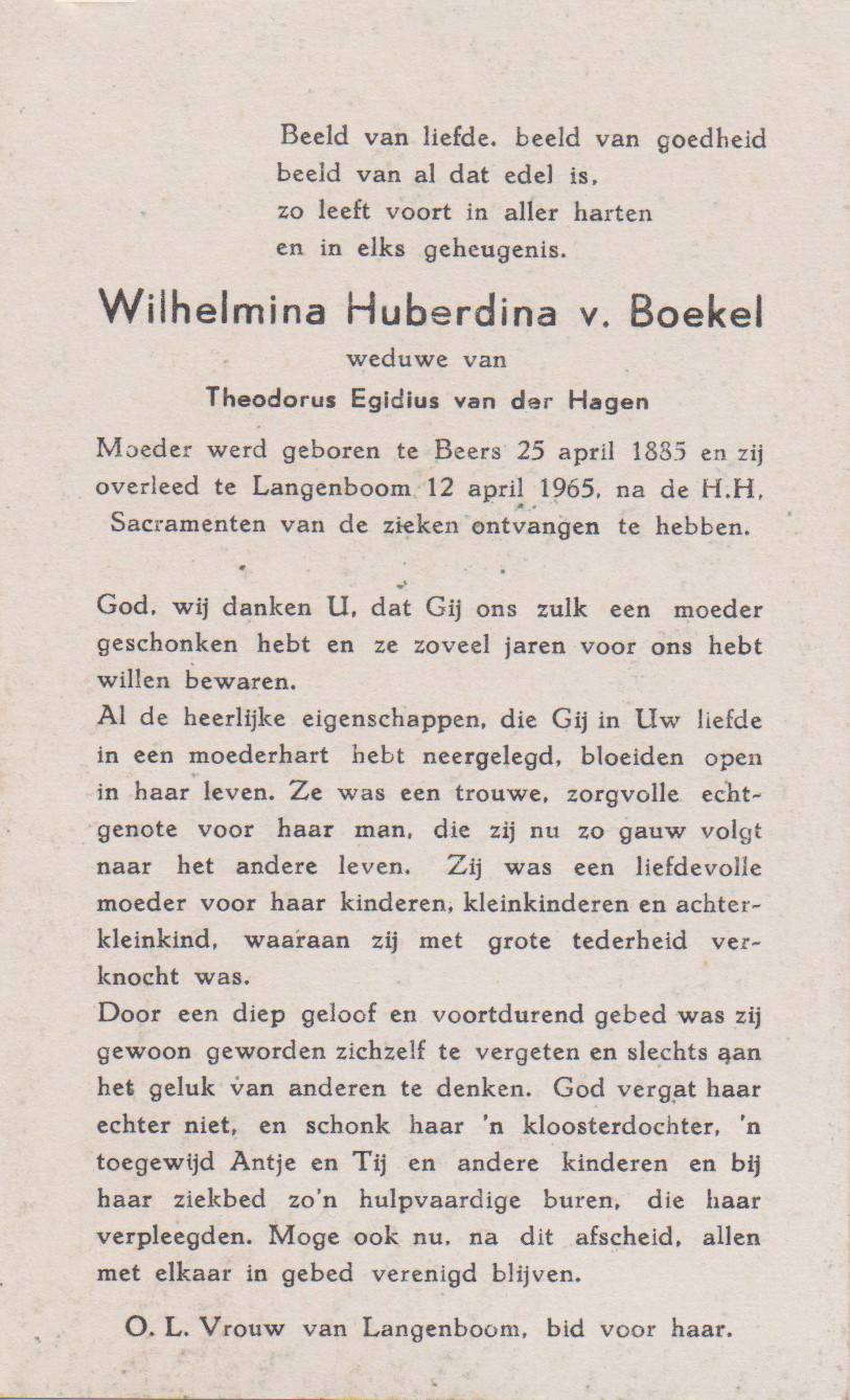 Bidprentje Wilhelmina HuberdinaBoekel